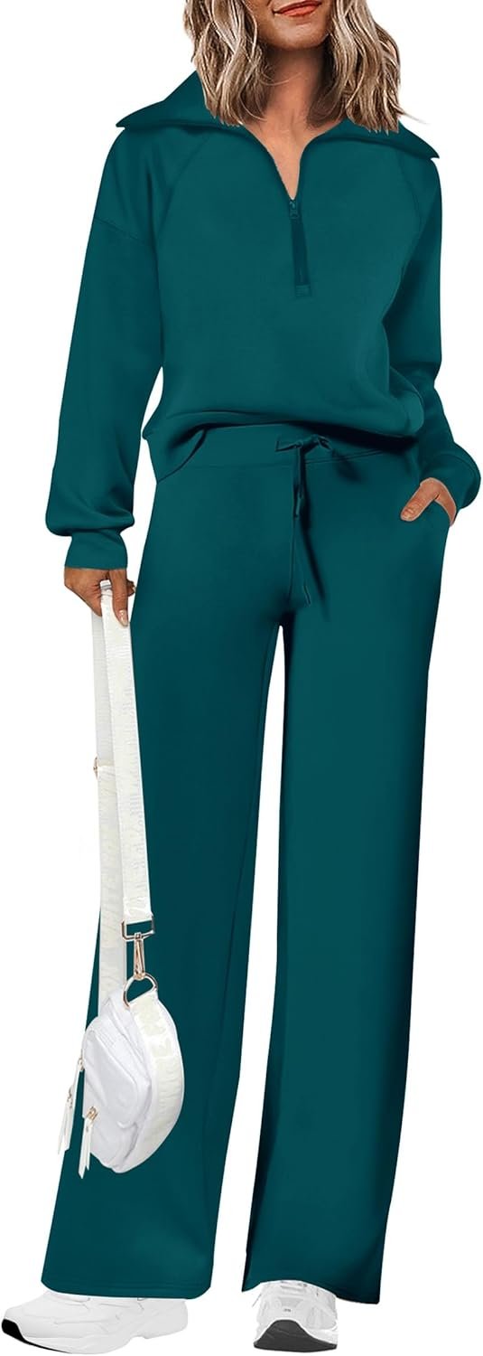 PRETTYGARDEN Women’s 2 Piece Outfits Casual Lapel Half Zip Sweatshirts and Wide Leg Pants Tracksuit Sets