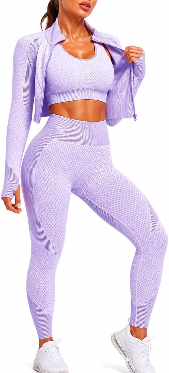 Women’s 3 PC Seamless Gym Clothing Workout Outfit with Jacket Bra & Leggings Set