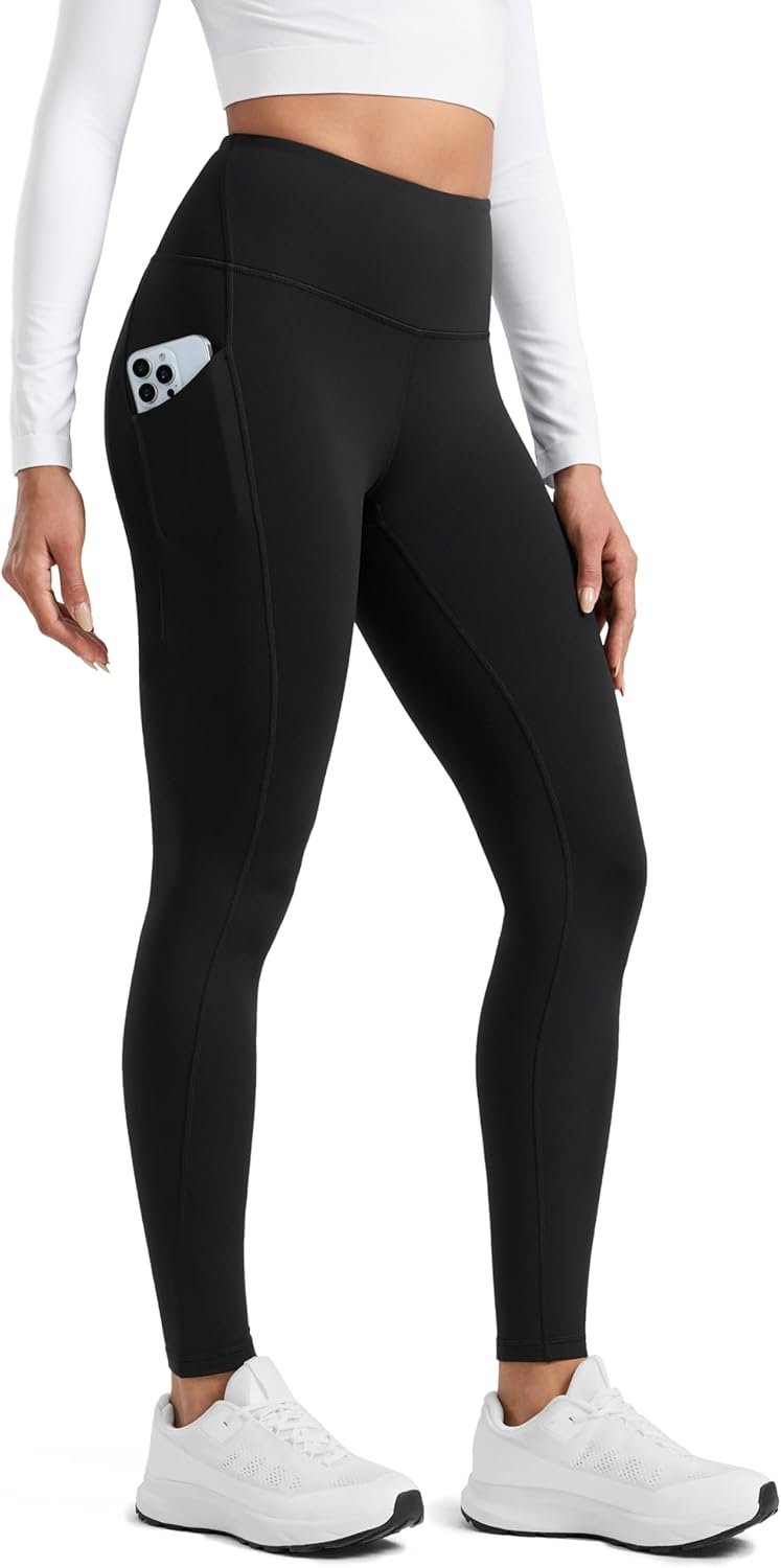 CRZ YOGA Water-Resistant Fleece Athletic Leggings Pockets 28″ – Matte Thermal Hiking Casual Workout Womens Pants