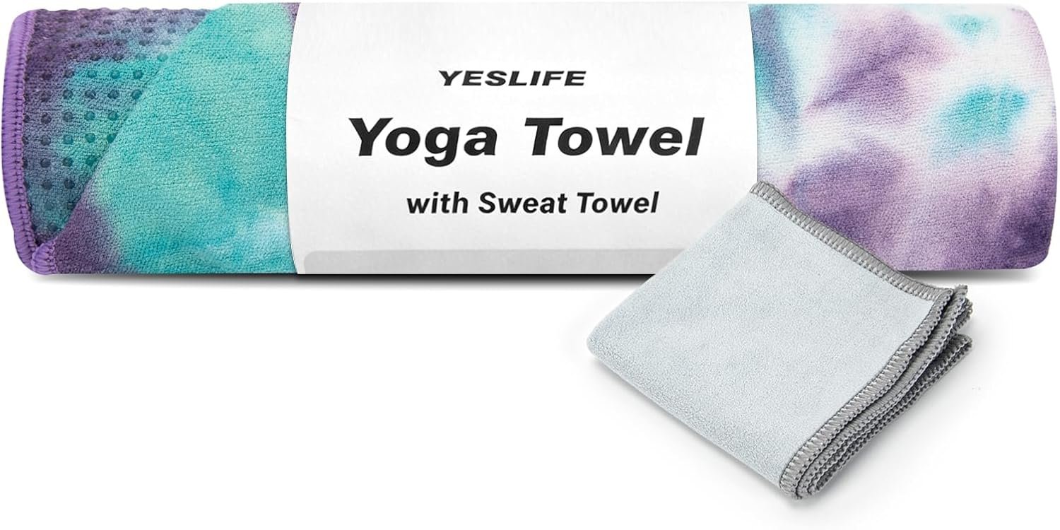 YESLIFE Non-Slip Extra Thick Hot Yoga Towel with One Sweat Towel, Microfiber Sweat Absorbent Yoga Mat Towel with Grip Dot, Pilates Mat, 72″ x 24″, Green&Purple