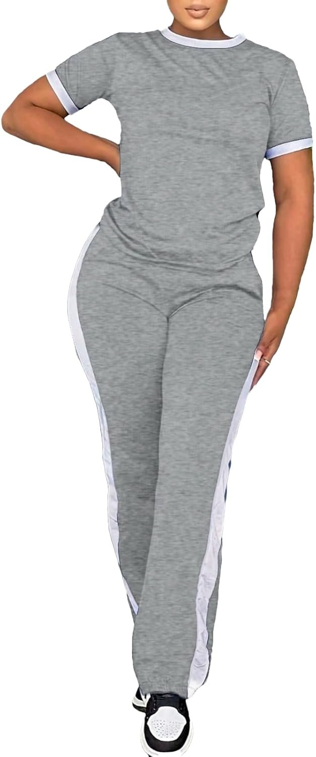 PINSV Women’s 2 Piece Outfits Short Sleeve Tops Sweatpants Colorblock Bodycon Lounge Sets Tracksuit