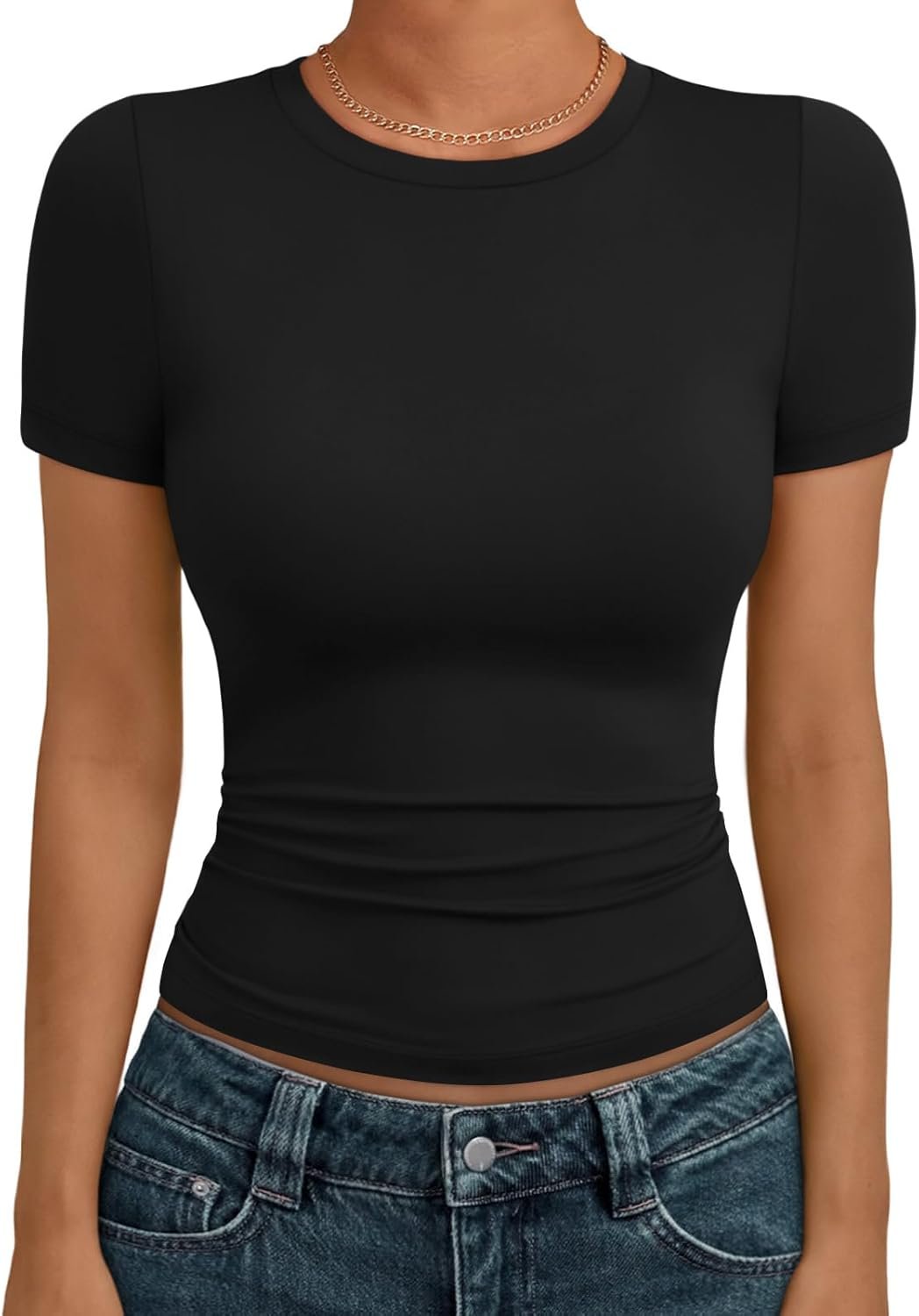 AUTOMET Women’s Crew Neck Short Sleeve Summer Basic T-Shirt Stretchy Tight Fitted Soft Going Out Workout Gym Tops