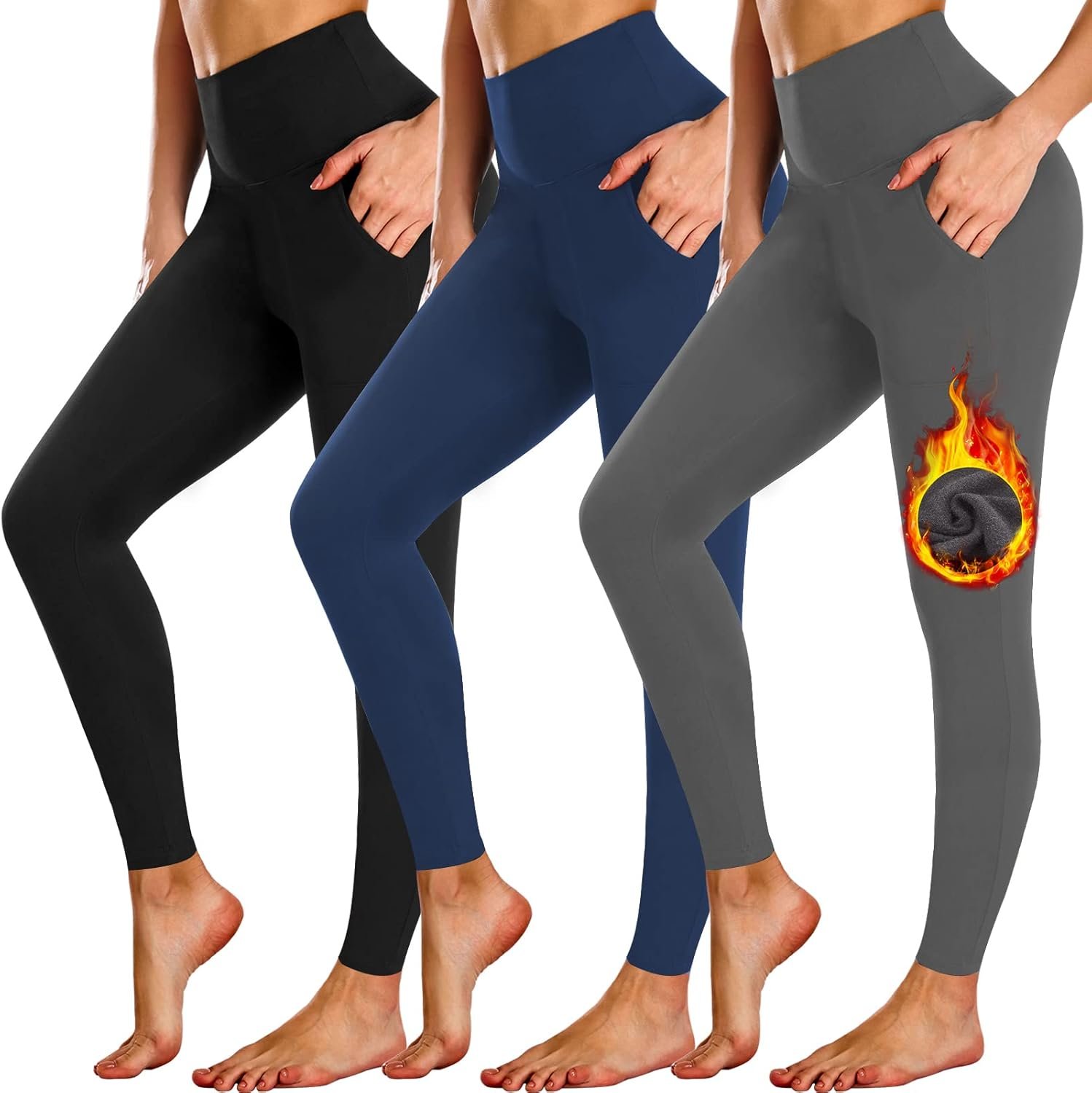 NEW YOUNG 3 Pack Fleece Lined Leggings Women with Pockets,Warm Winter Yoga Pants for Women