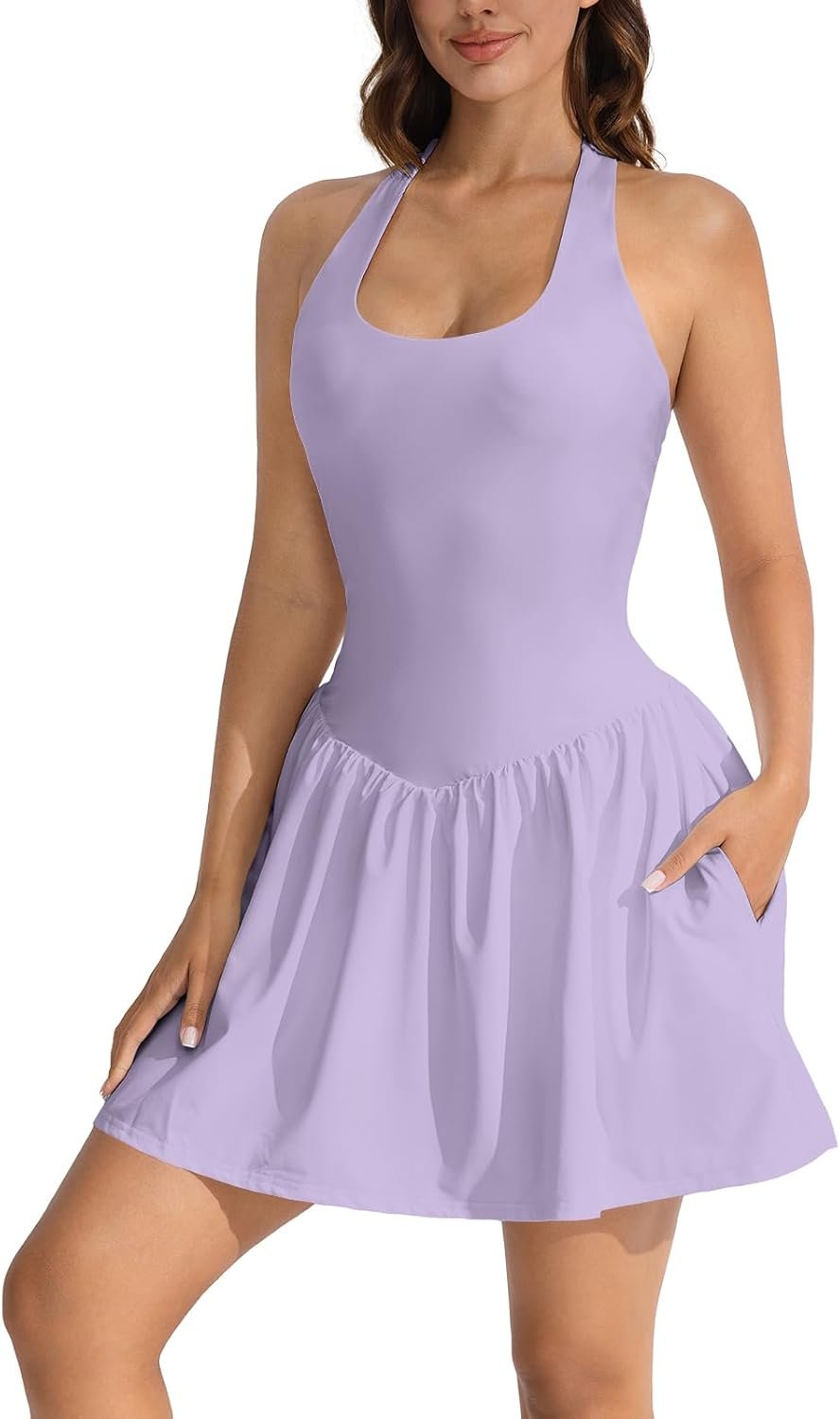 YUNDAI Women’s Athletic Dress with Pocket Built-in Shorts Sleeveless Tennis Skort Dress with Pockets for Workout