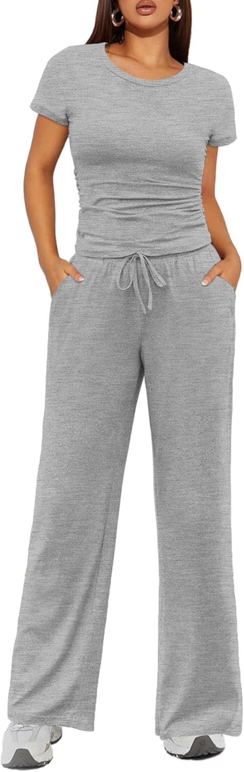 Ekouaer Women’s 2 Piece Lounge Sets Ruched Short Sleeve Top and Wide Leg Pants Loungewear Tracksuit Sets with Pockets