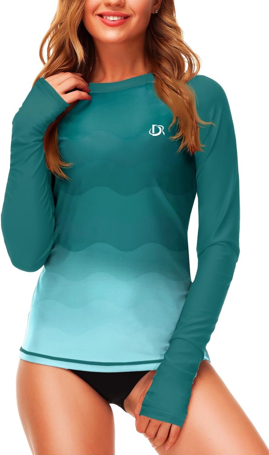 Deerose Womens Gradient Rash Guard UPF 50+ Swim Shirts Surfing Top with Thumb Hole