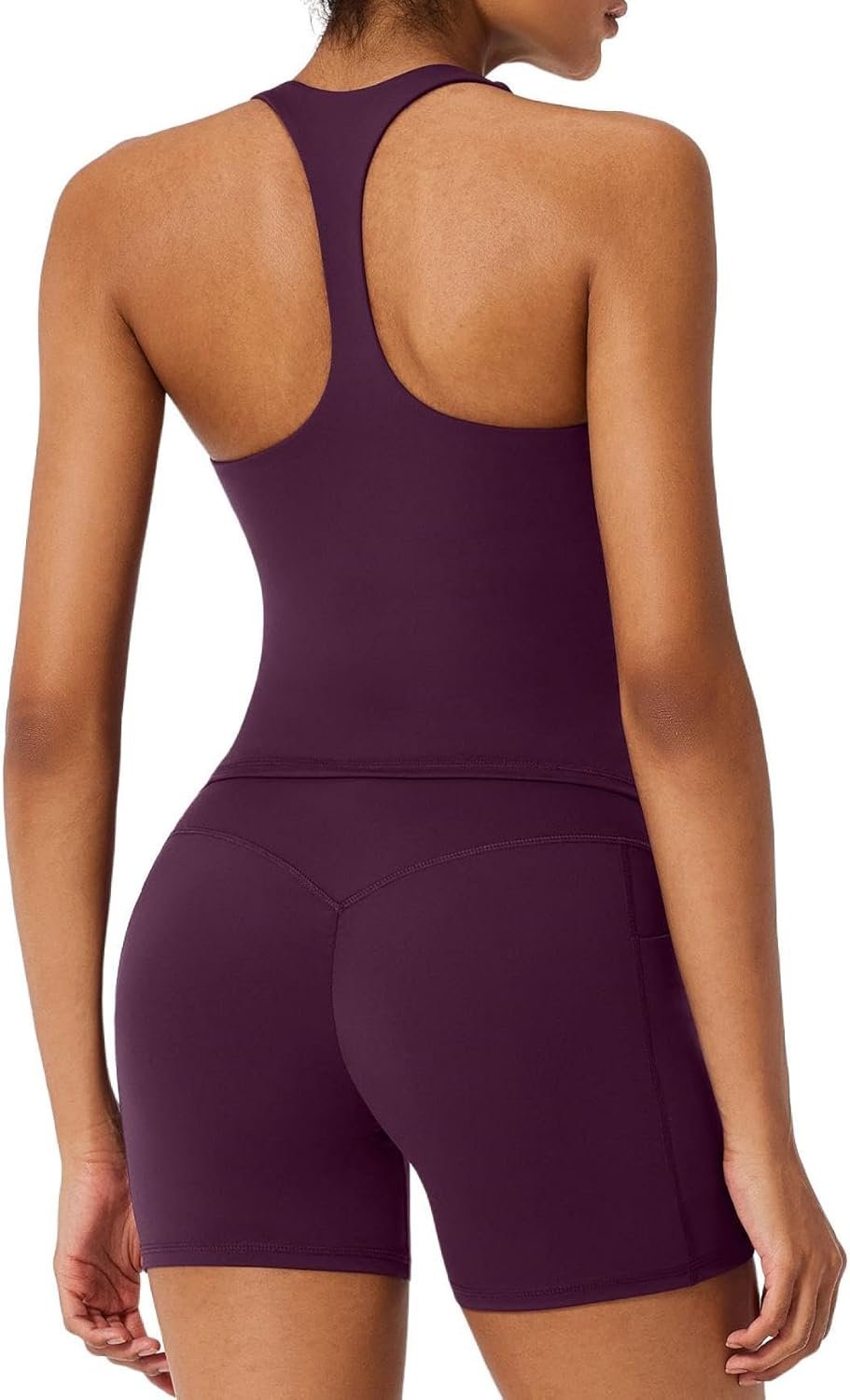 RXRXCOCO Racerback Workout Sets for Women 2 Piece Padded Scoop Neck Tank Tops Hidden Scrunch Booty Shorts with Pockets