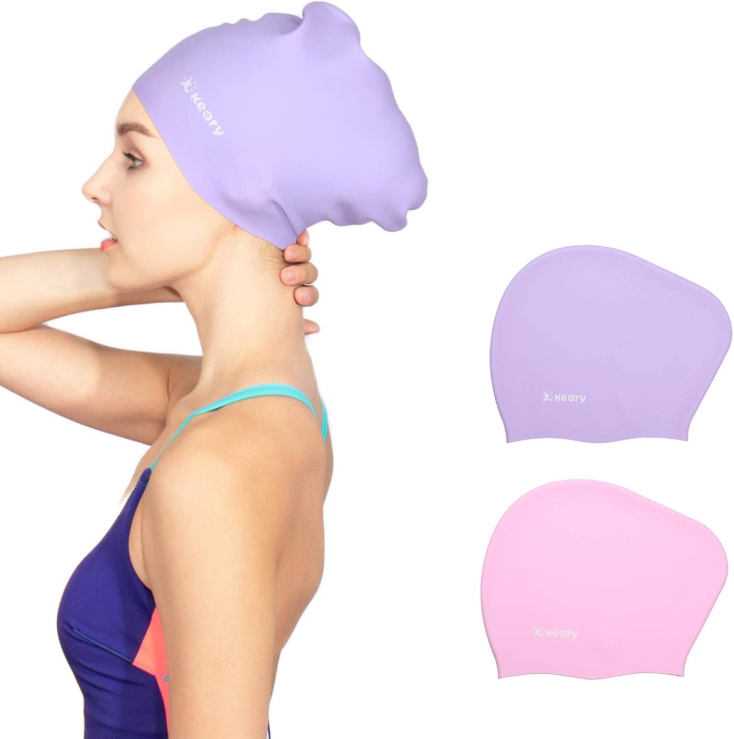 Keary 2 Pack Updated Silicone Swim Cap for Long Hair Women Girl Waterproof Bathing Pool Swimming Cap Cover Ears to Keep Your Hair Dry, 3D Soft Stretchable Durable and Anti-Slip, Easy to Put On and Off