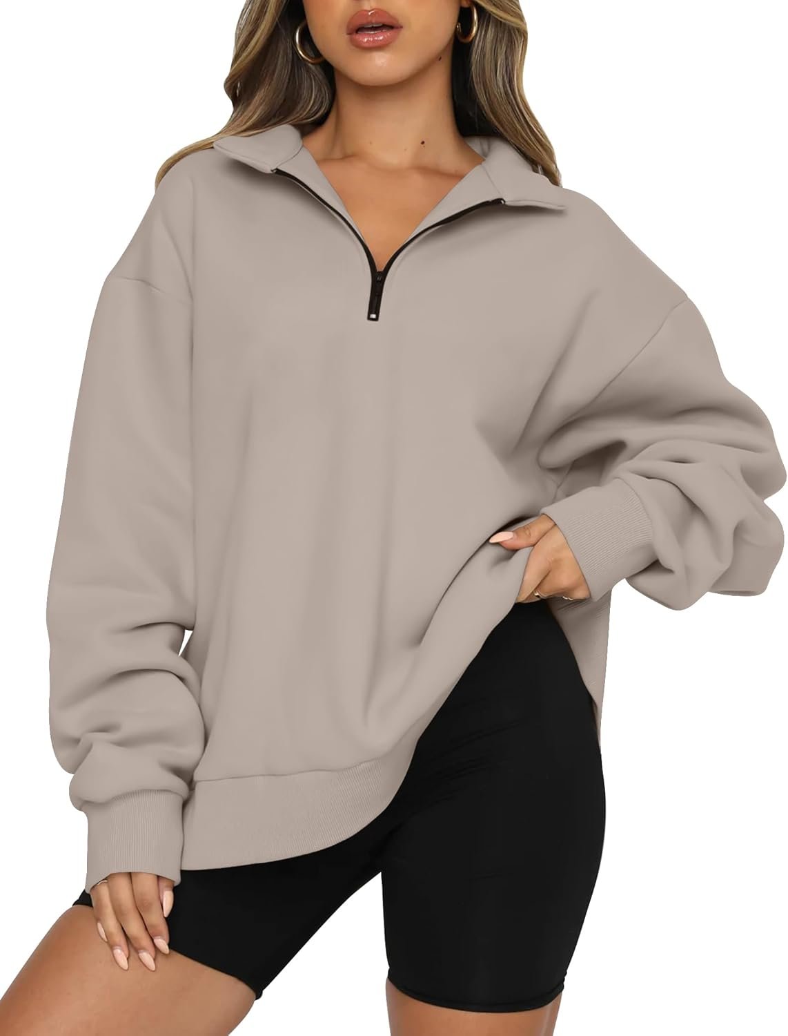 Trendy Queen Women’s Oversized Half Zip Fleece Sweatshirts-Cozy Pullover, Drop Shoulder for Fall Winter