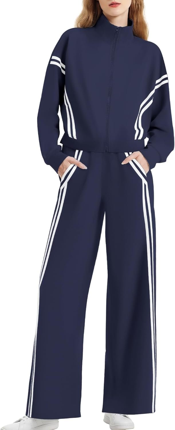 Casly Lamiit Women’s 2 Piece Lounge Outfits Zip Up Sweat Set Contrast Striped Wide Leg Jogging Pants Travel Track Suit