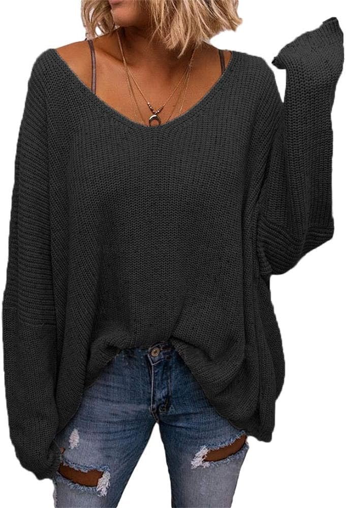 BZB Women’s V Neck Long Sleeve Knit Loose Oversized Pullover Sweater Top