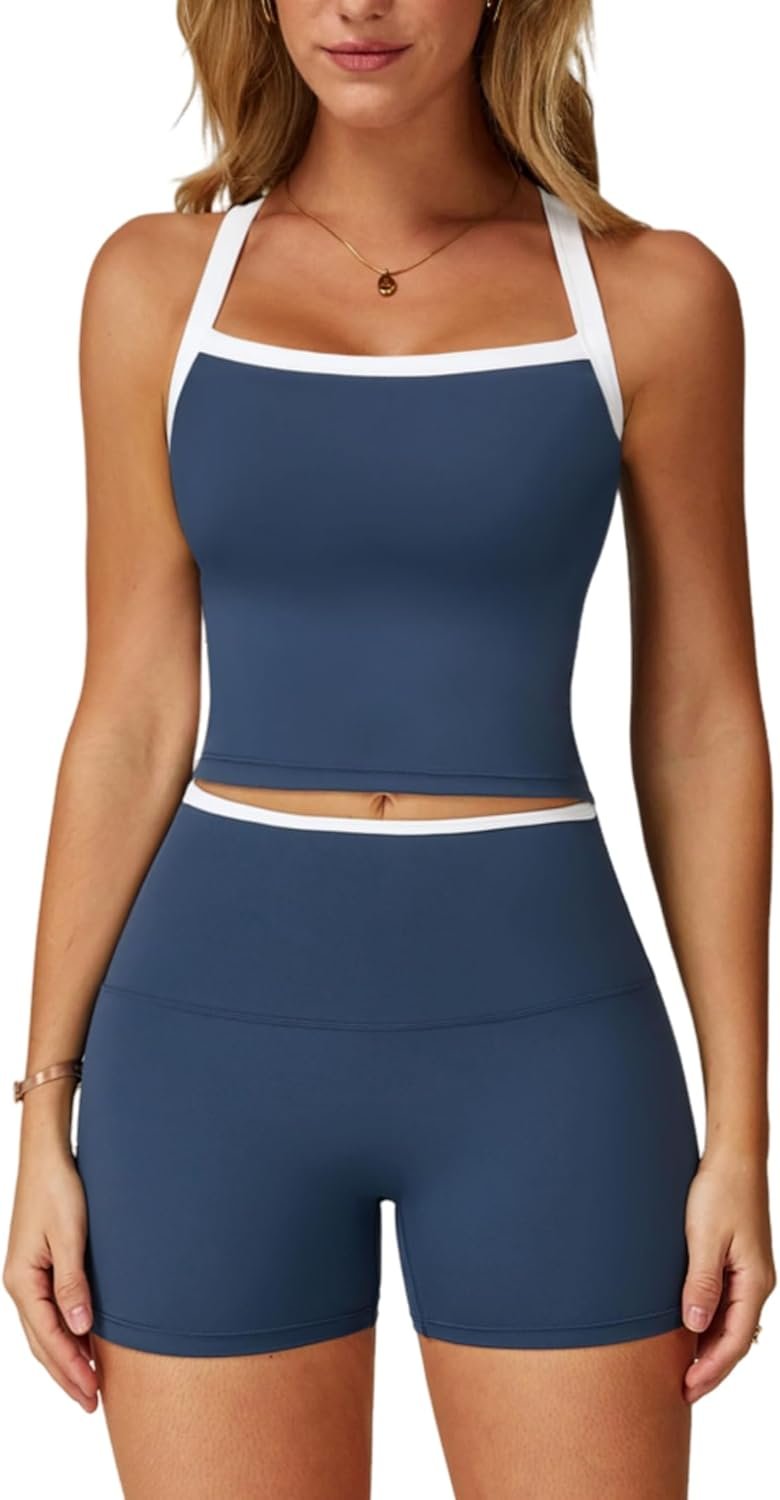 Women 2 Piece Workout Sets Padded Criss Cross Back Crop Tank High Waist Tummy Control Shorts Yoga Outfits