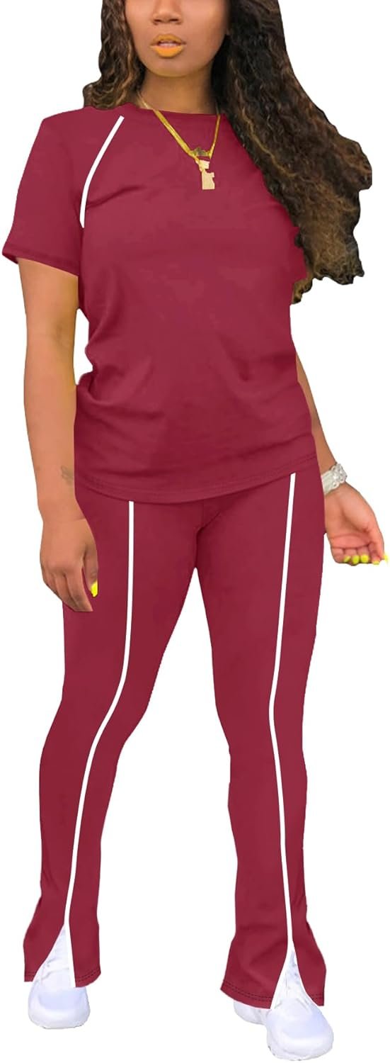 STOLKISS Women 2 Piece Outfits Summer Workout Sweatsuit Striped Short Sleeve Long Flare Pants Casual Travel Tracksuit