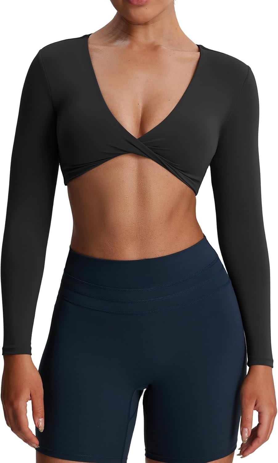 Aoxjox Long Sleeve Crop Tops for Women Metamorph Sienna Twist Deep V Workout Cropped T Shirt Top