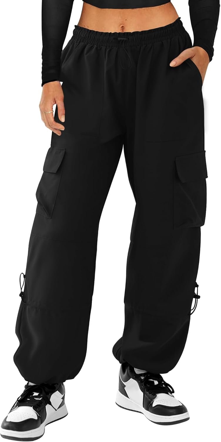 COPYLEAF Parachute Cargo Pants Women Elastic Waisted Lightweight Water Resistant Baggy Joggers with 4 Pockets