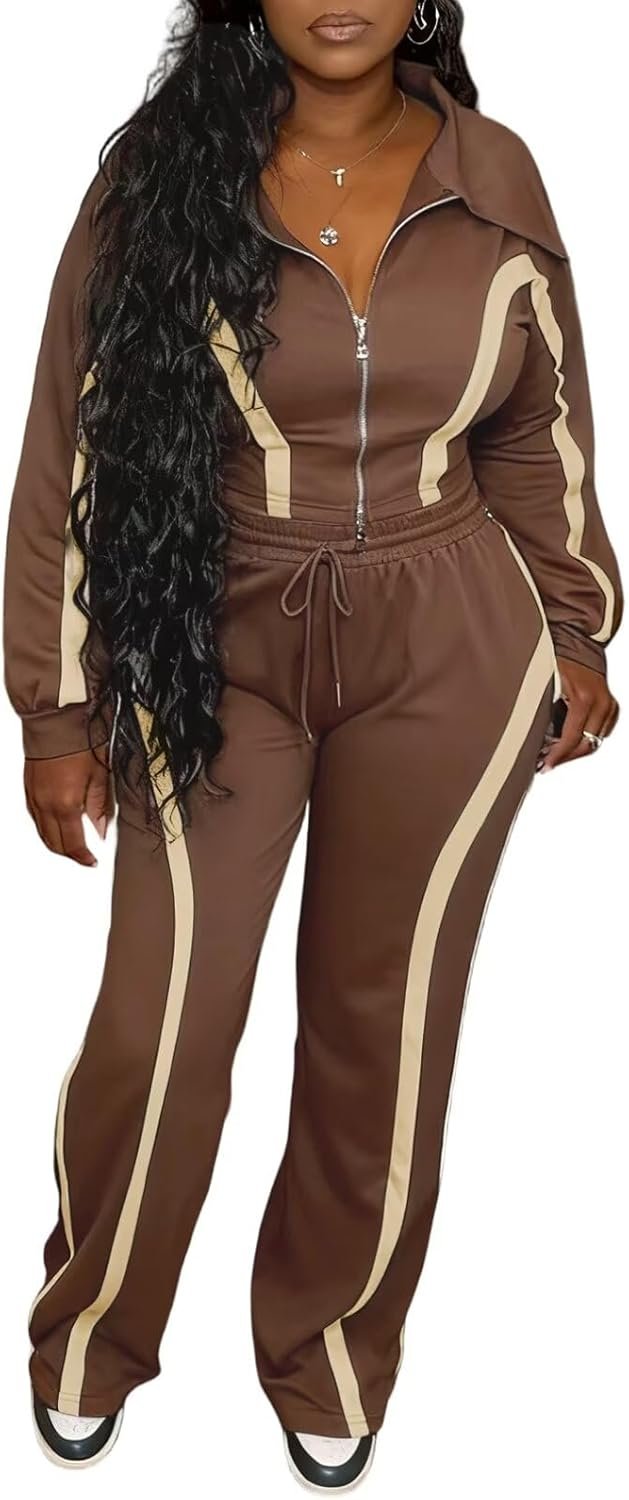 Women Striped 2 Piece Outfits Long Sleeve Zip Up Jacket Top and Wide Leg Pants Set Tracksuits with Pocket