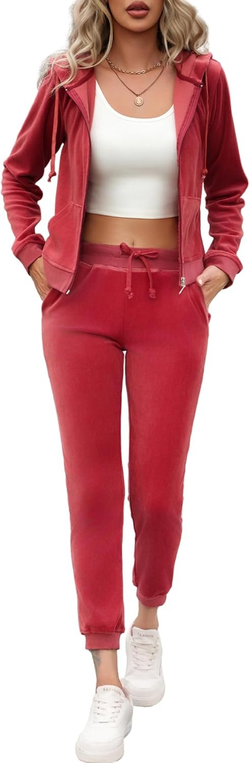 Women’s Tracksuit Set – 2 Piece Slim Fit Velour Velvet Casual Zip Up Hoodie Jacket Sweatsuit and Sweatpants S-XL