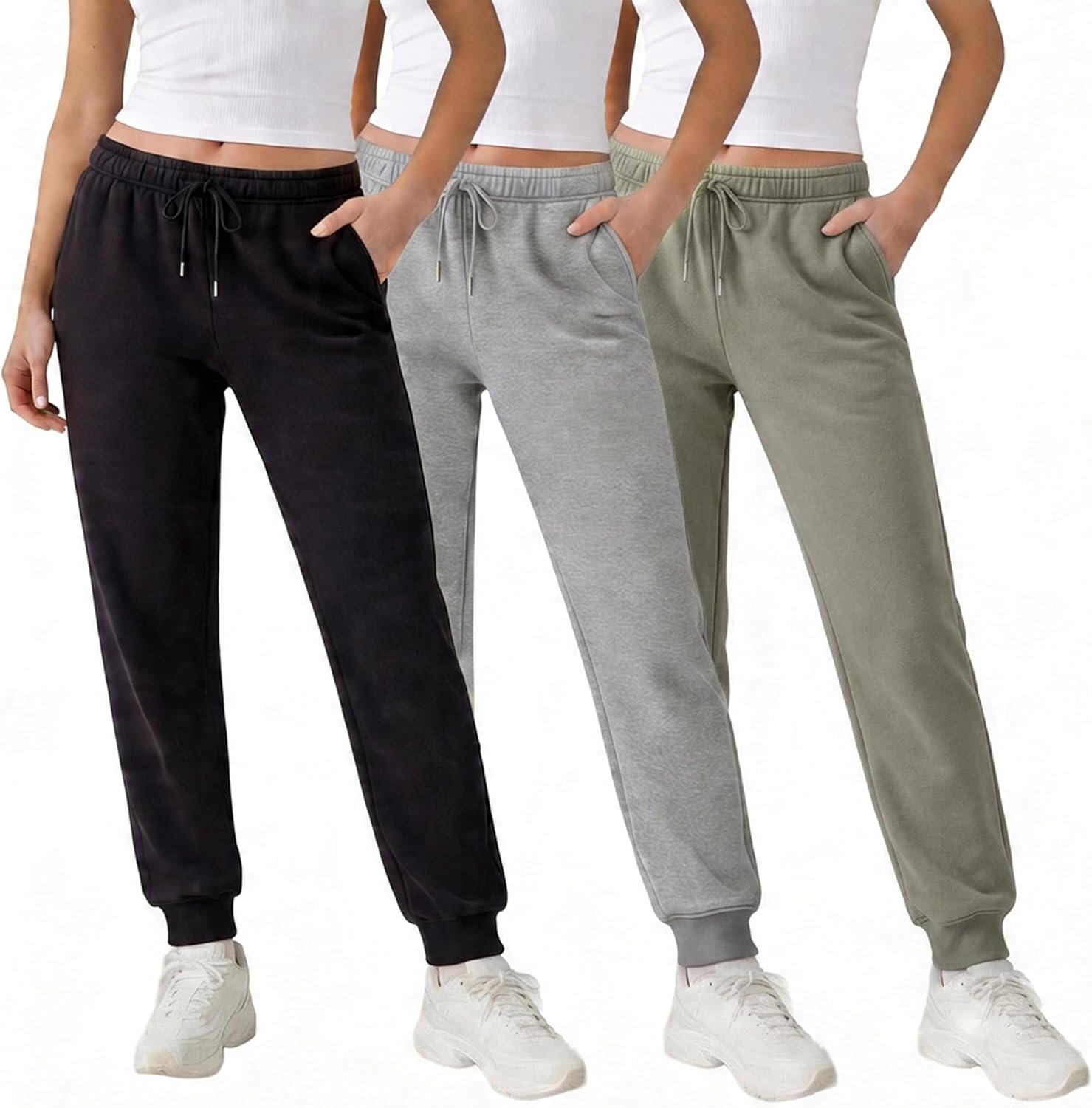 Common Stitch 3 Pack Fleece Joggers for Women — Deep Pockets, Slim Fit, Elastic Drawstring Waist