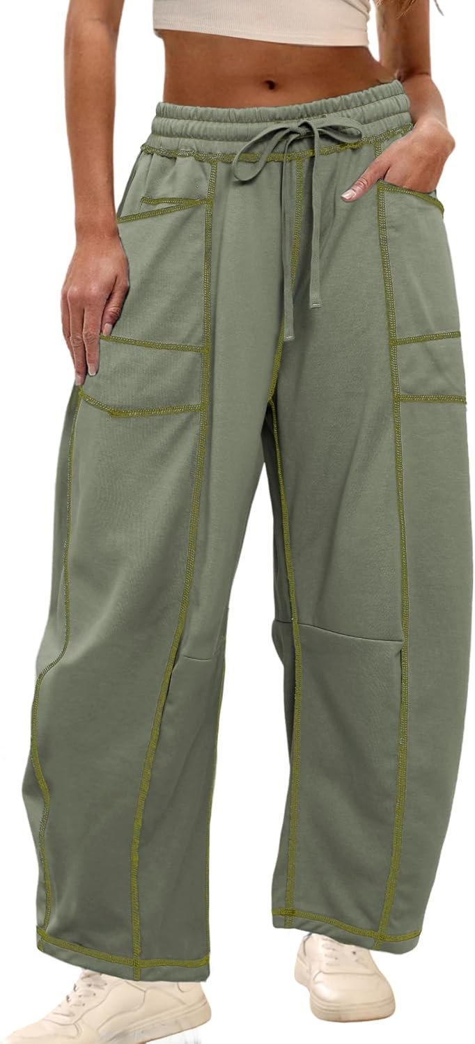 Athlisan Womens Baggy Barrel Pants Wide Leg Lounge Drawstring Sweatpants with Pockets