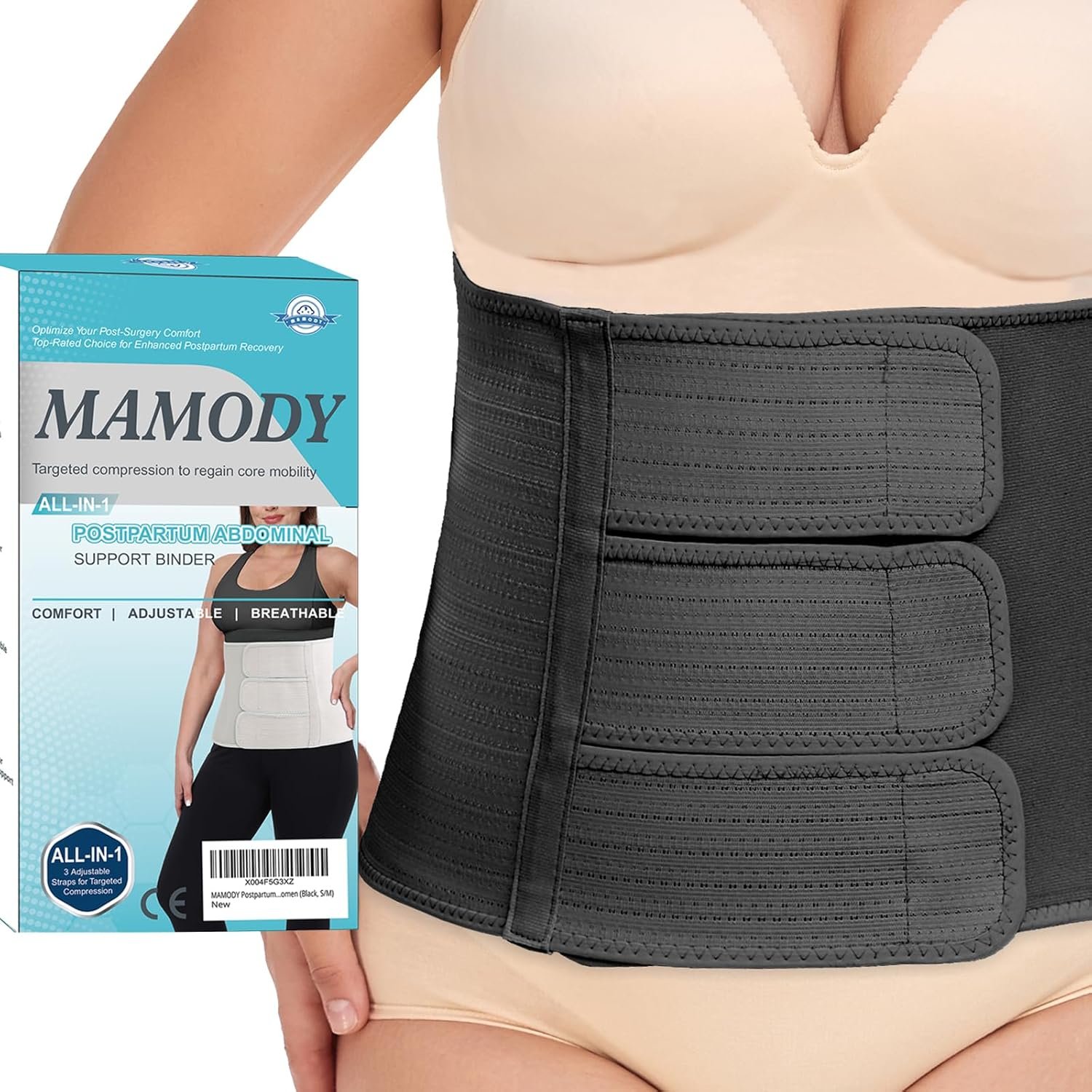 MAMODY Postpartum Belly Band abdominal Binder for Natural Delivery & C-Section, Adjustable Compression Wrap, Abdominal Support Belt (Black, S/M)
