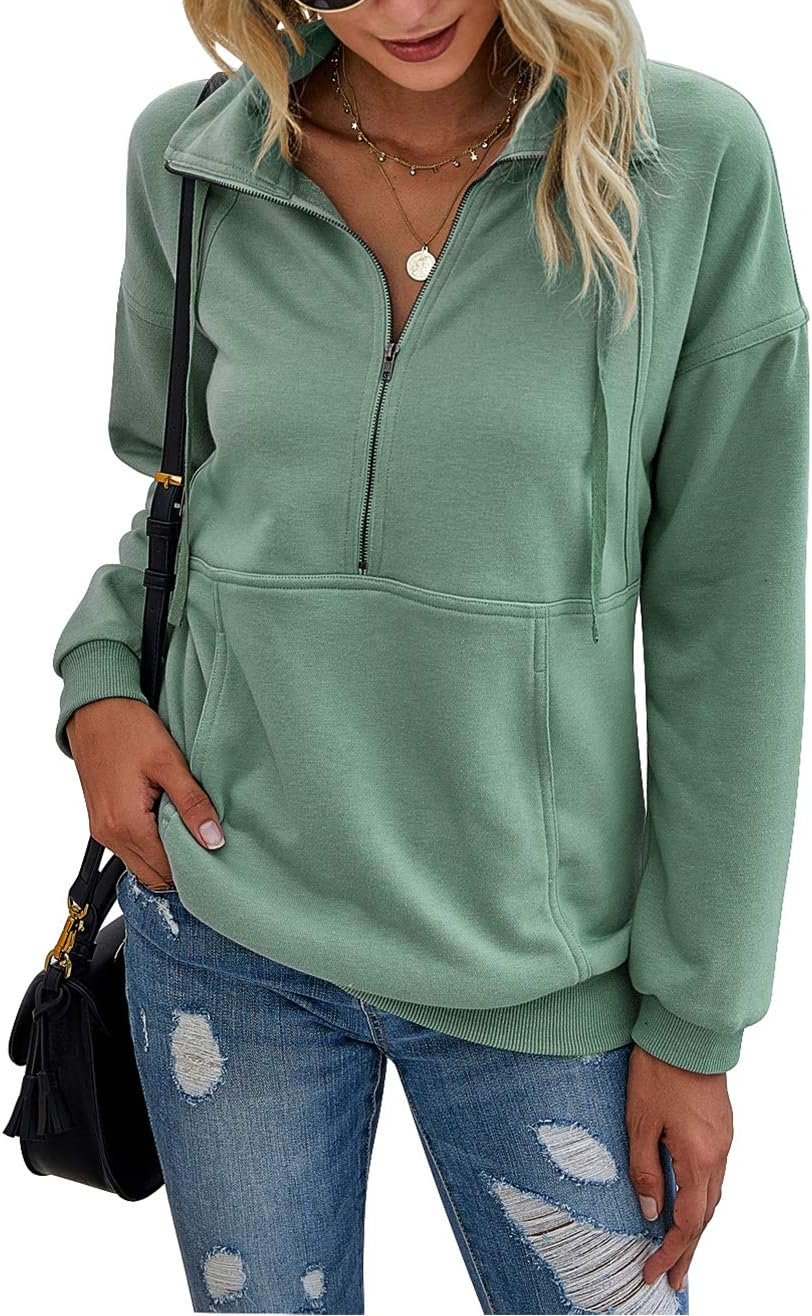 PRETTYGARDEN Women’s Casual Long Sleeve Lapel Zipper Sweatshirt Drawstring Loose Pullover Tops