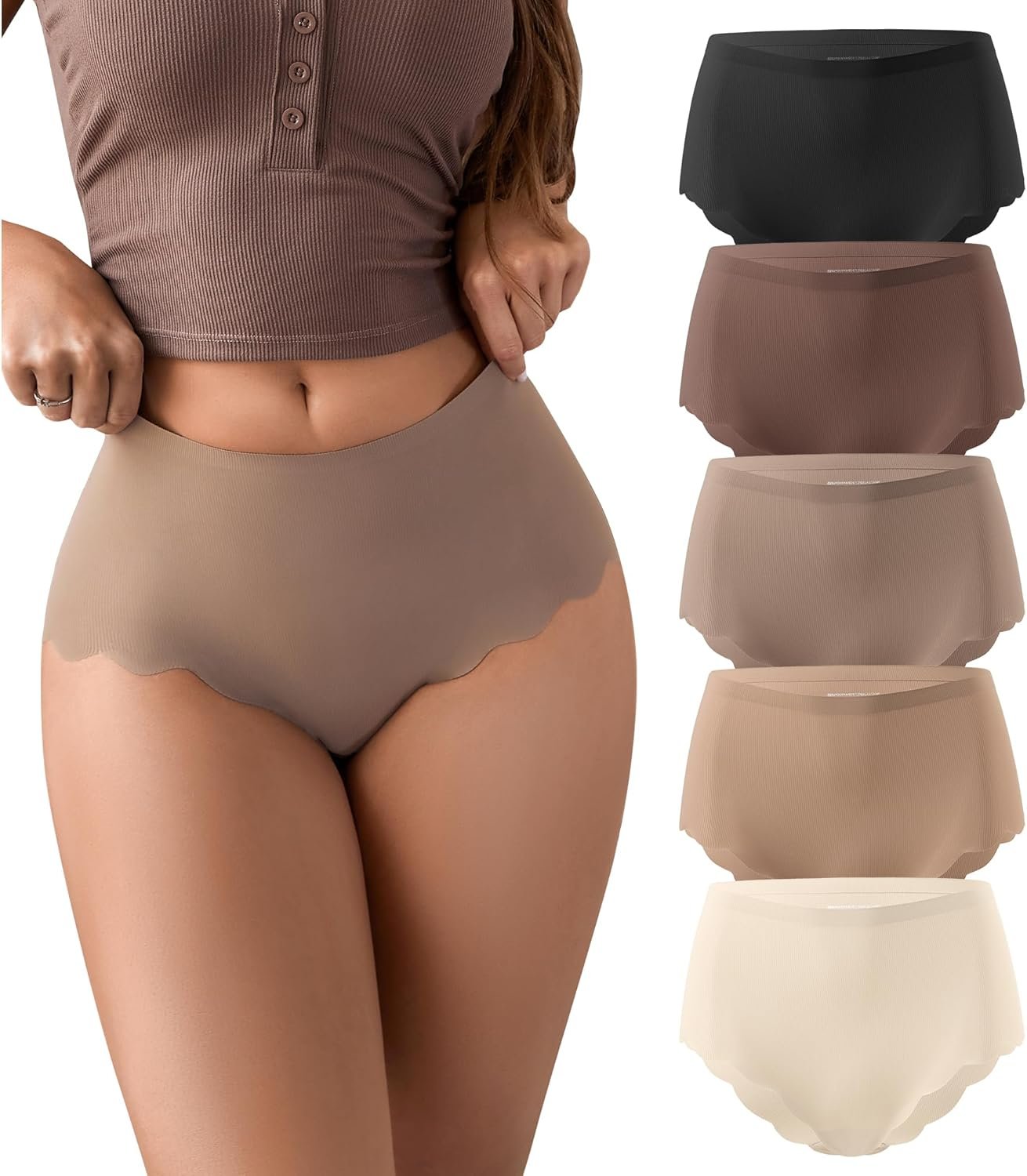 SHARICCA Seamless High Waisted Underwear for Women Cheeky Underwear Wave Edge No Show Bikini Panties Ribbed Panties Pack