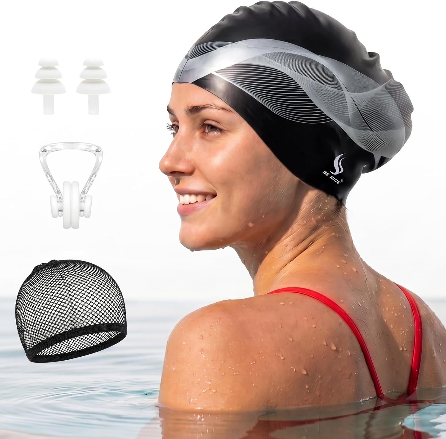 BENICE Silicone Swim Cap for Long Hair – X-Large Waterproof Swim Hat for Men Women Adults, Dreadlocks, Braids, Curls & Afros, Black