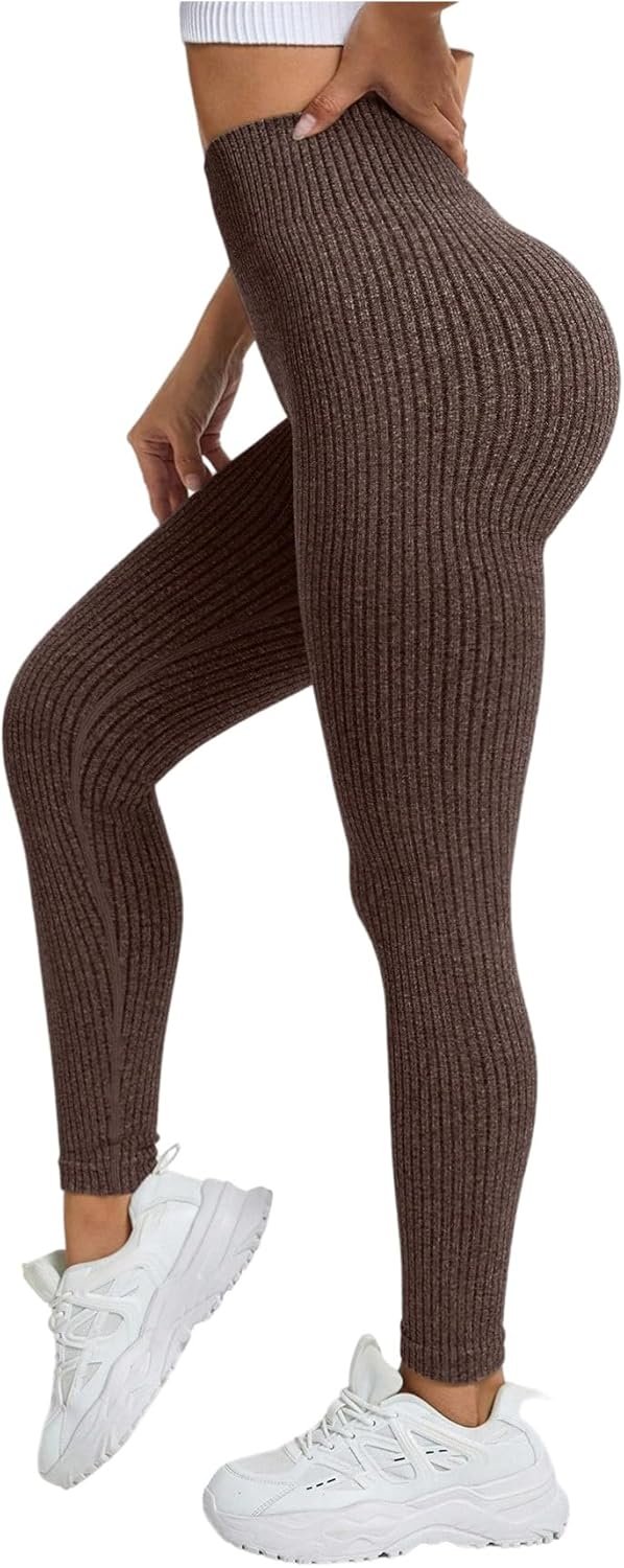 WDIRARA Women’s Ribbed Seamless High Waisted Leggings Sports Workout Gym Yoga Pants