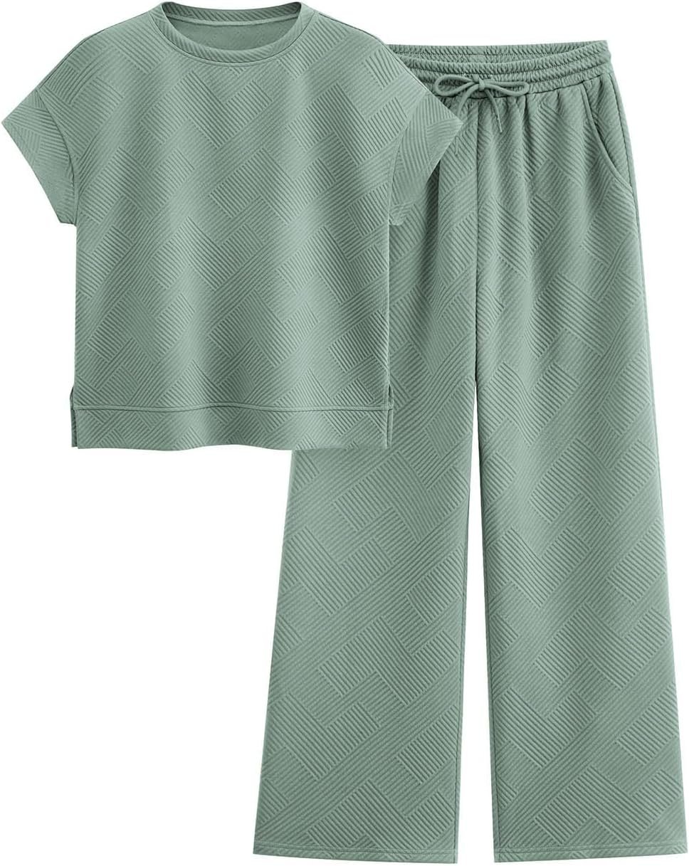 PRETTYGARDEN 2 Piece Outfits For Women Casual Tracksuit Short Sleeve Tops And Wide Leg Long Pants Matching Lounge Sets