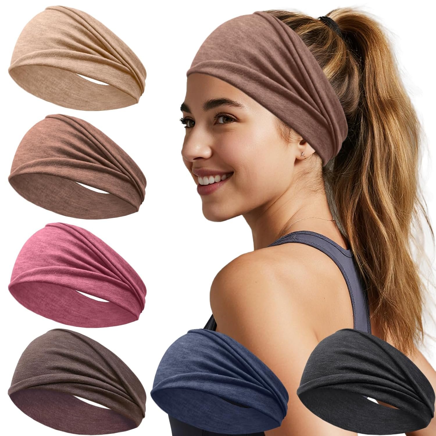 6 Pack Wide Headbands for Women – No Slip Hair Bands for Sports Yoga Workout Running Daily Use, Soft Stretchy Elastic Sweat Wicking Head Wraps Hair Accessories