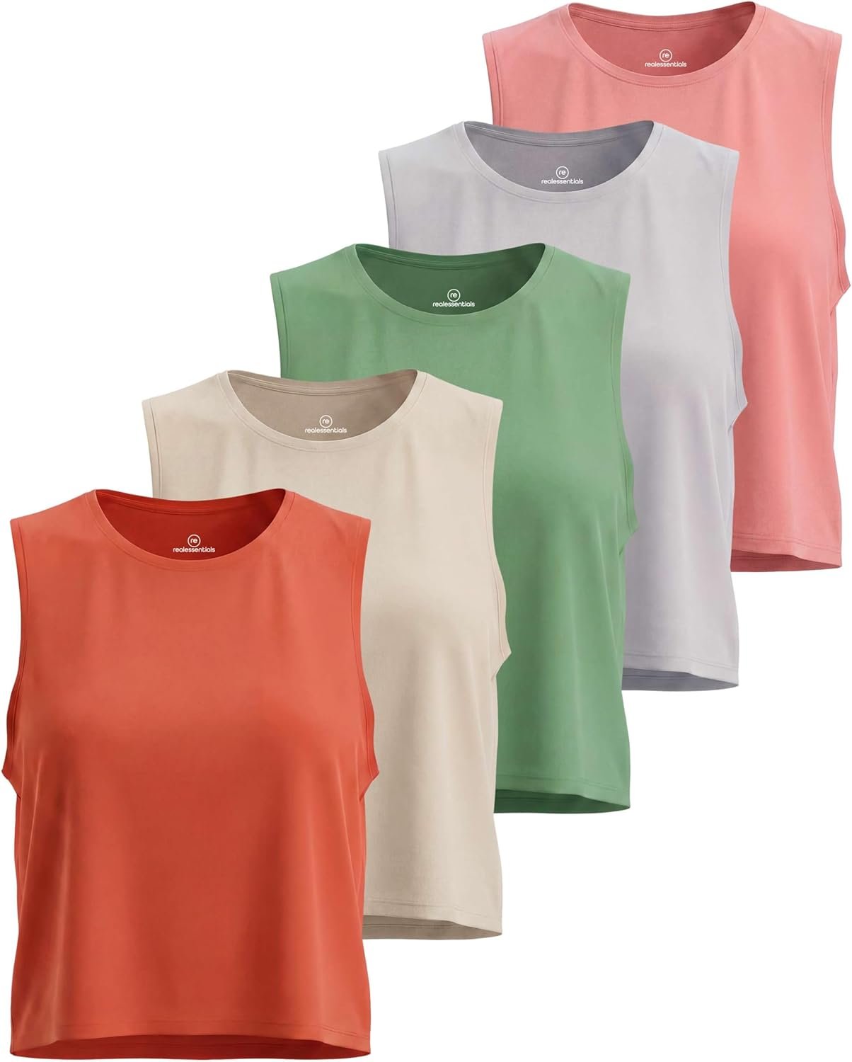 Real Essentials 5 Pack: Women’s Dry Fit Crop Summer Tank Top – Gym Yoga Workout Sports Tee (Available in Plus Size)