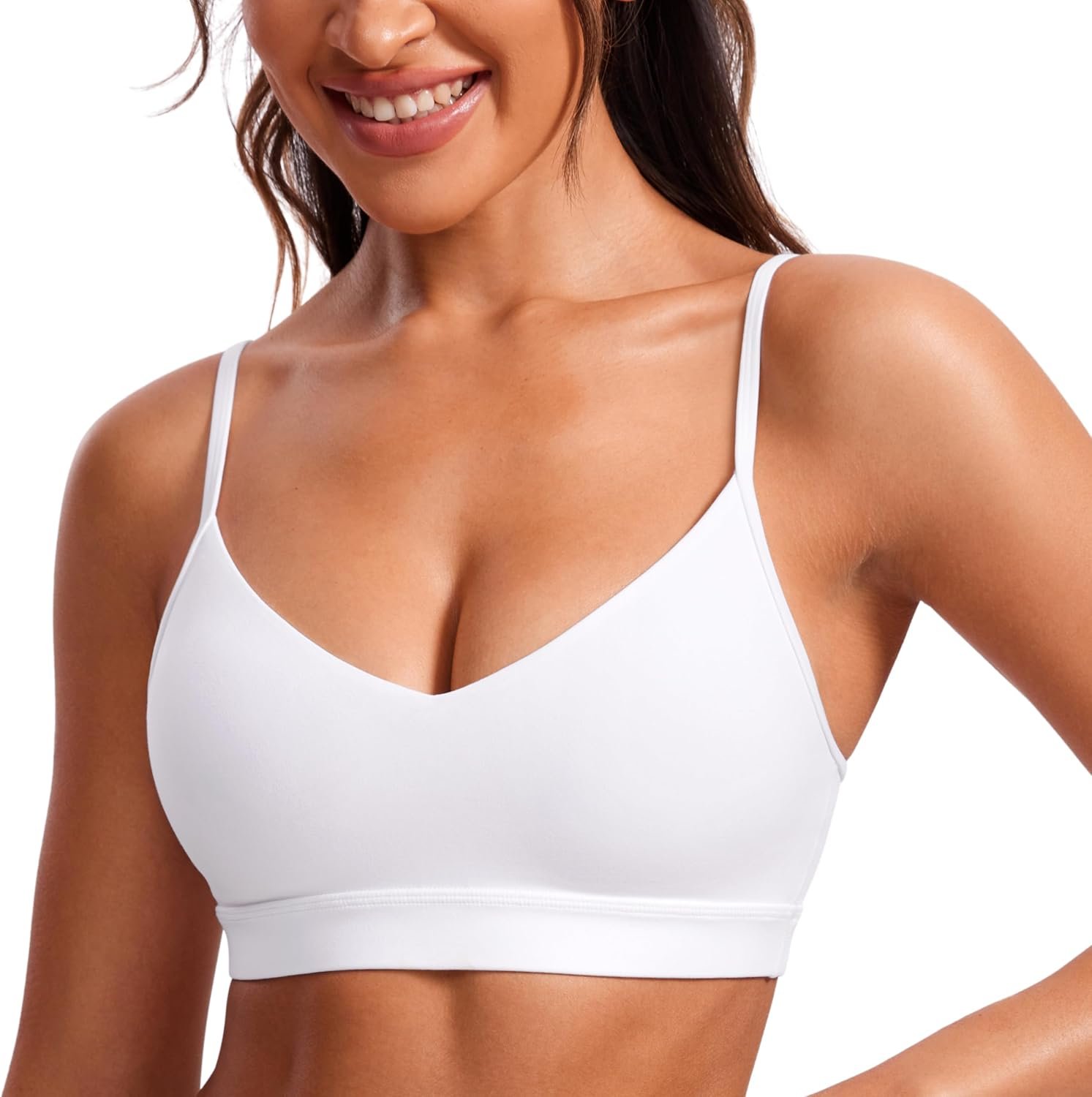 CRZ YOGA Butterluxe V-Neck Sports Bras for Women – Adjustable Thin Straps Padded Yoga Top Basic Wireless Camisole