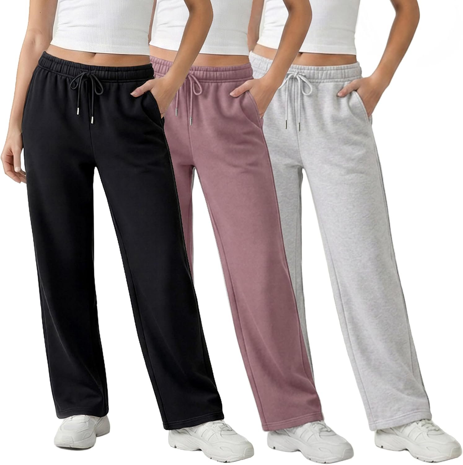 Common Stitch 3 Pack Straight Leg Fleece Lounge Sweatpants for Women — Deep Pockets, Relaxed Fit, Elastic Drawstring Waist