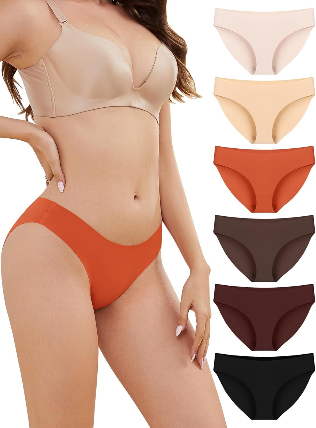 ANSUKOO Women’s Seamless Bikini Underwear 6Pack,No Show Ladies Hipster Panty, No Line Silky Undies,Invisible Multipack Briefs