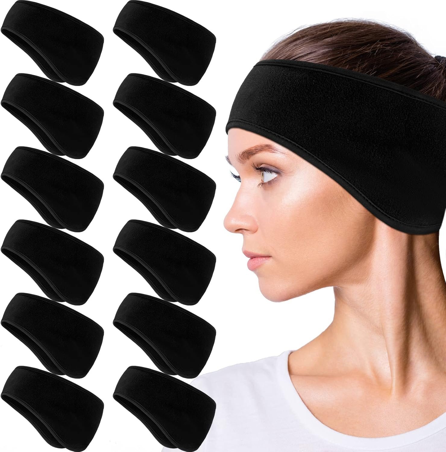 Geyoga 12 Pcs Ear Warmer Headband for Women Men, Winter Headband Earmuffs Ear Covers for Ski, Cycling, and Running(Black)