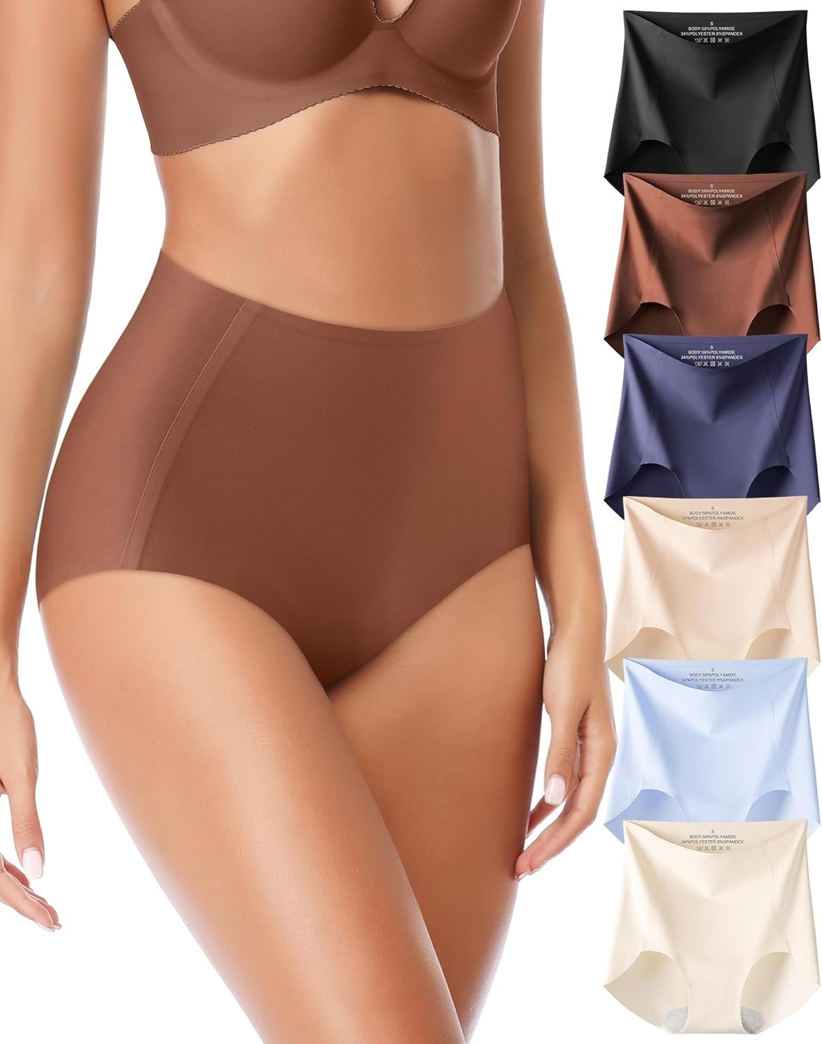 Seamless High Waisted Underwear Panties for Women No Show Ladies Panty Full Coverage Tagless Briefs 6 Pack