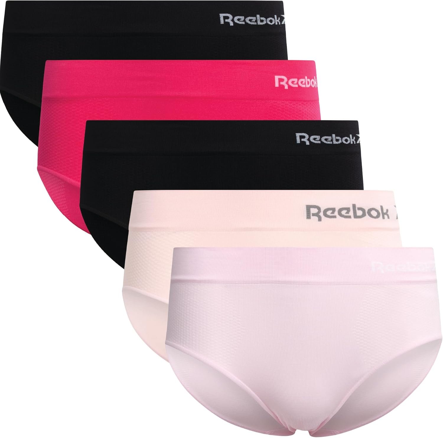 Reebok Hipster Panties for Women – 5 Pack Stretch Performance Seamless Underwear with Relaxed Tagless Waist (S-XL)