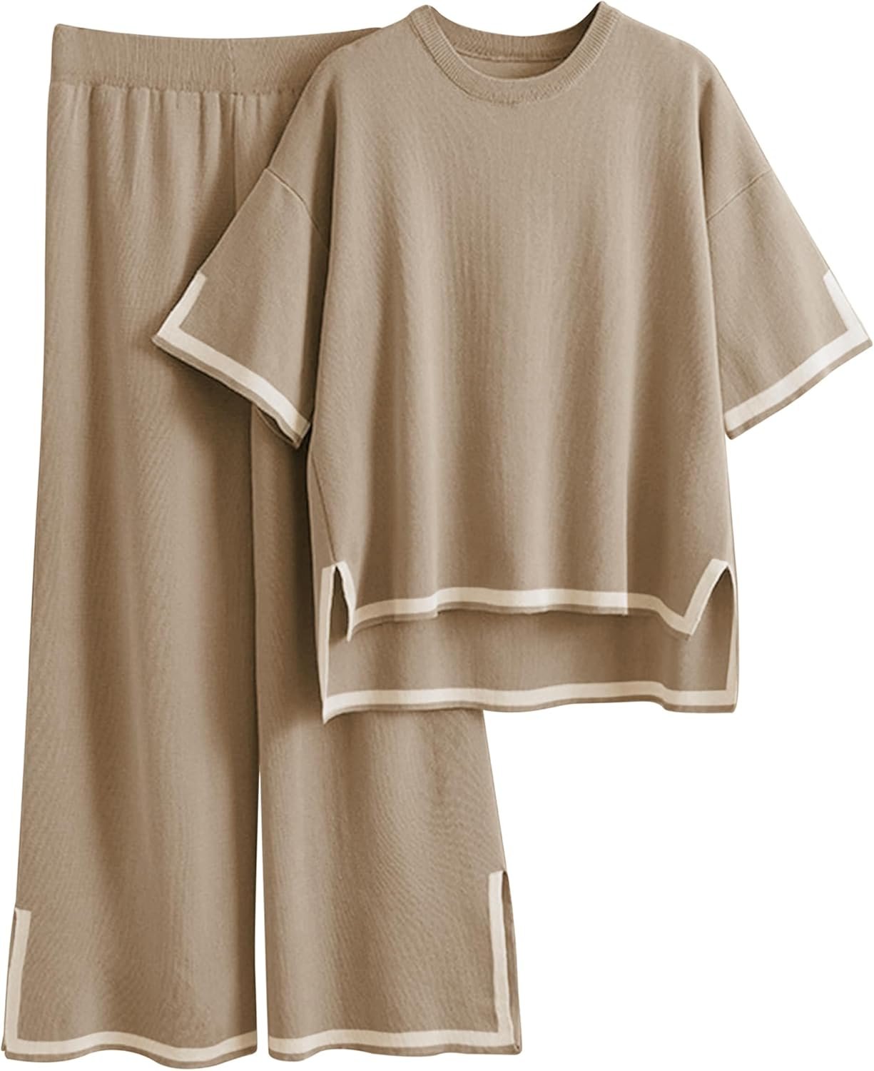 Tanming Sweater Sets Women 2 Piece Lounge Sets Short Sleeve Knit Pullover Tops Wide Leg Pants
