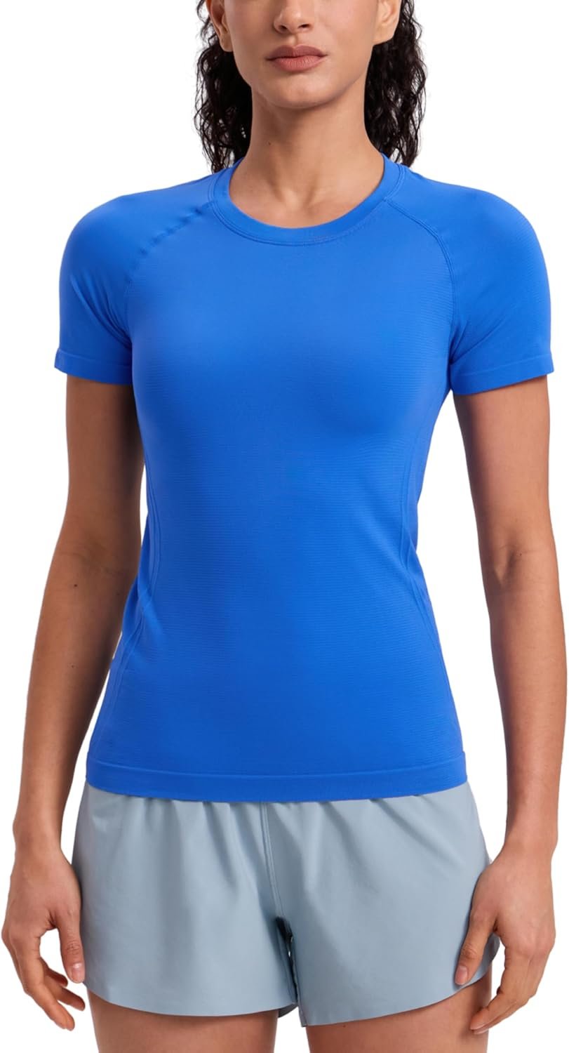 CRZ YOGA Seamless Workout Tops for Women Hip Length – Athletic Running Gym Yoga Short Sleeve Shirts Breathable Crewneck Tees