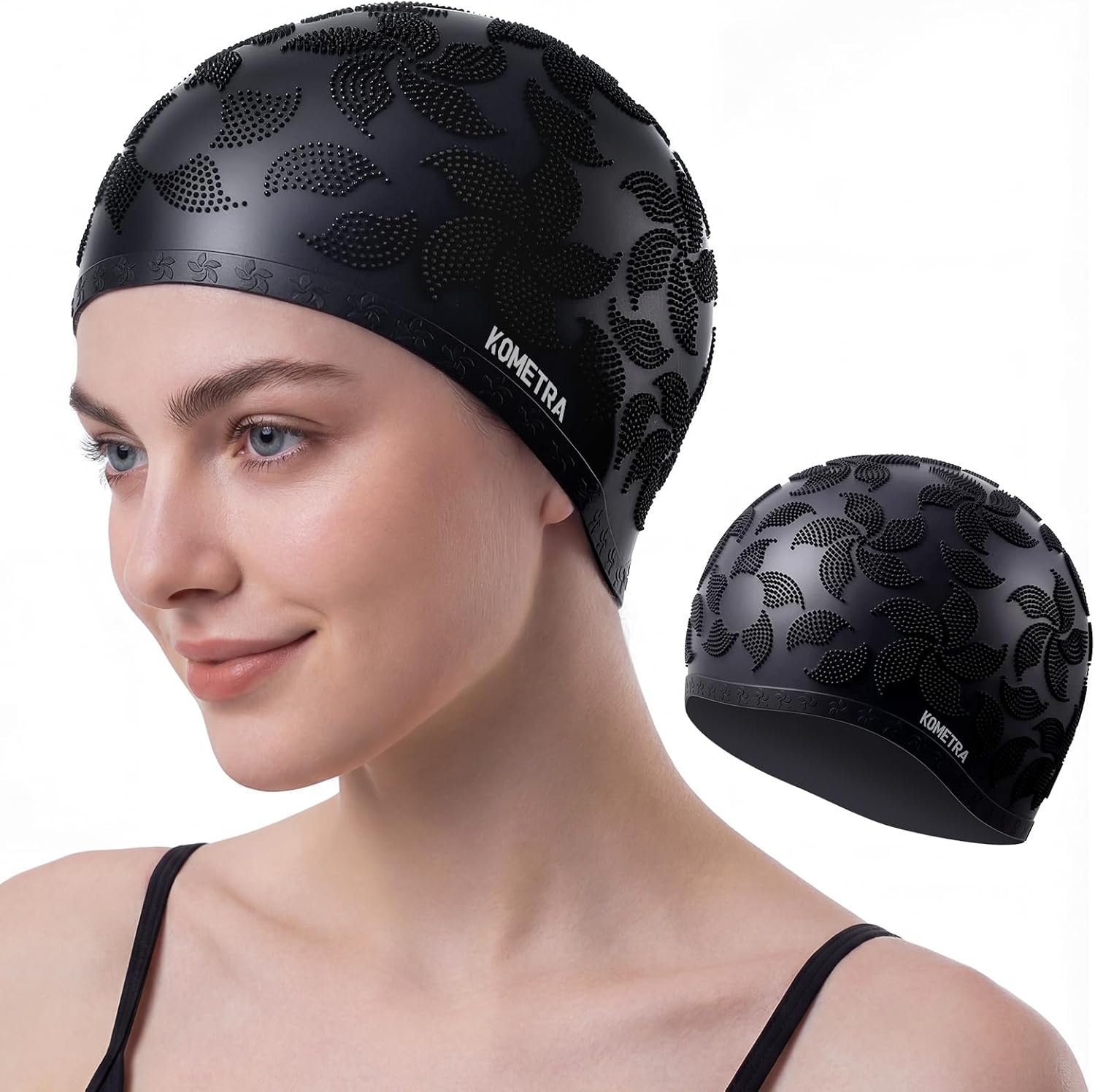 Women Swim Cap 2 Pack for Long Hair, Silicone Flower Adult Swiming Caps Waterproof for Girl Youth No Wet Hair