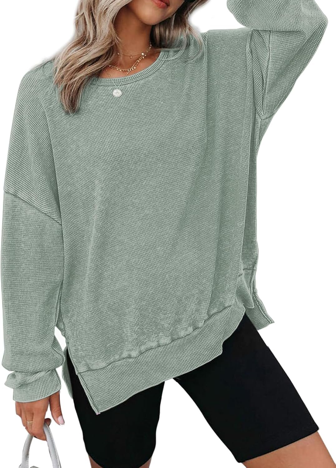 Dokotoo Sweatshirt for Women Oversized Waffle Knit Crewneck Sweatshirts Long Sleeve Side Slits Casual Pullover Tops