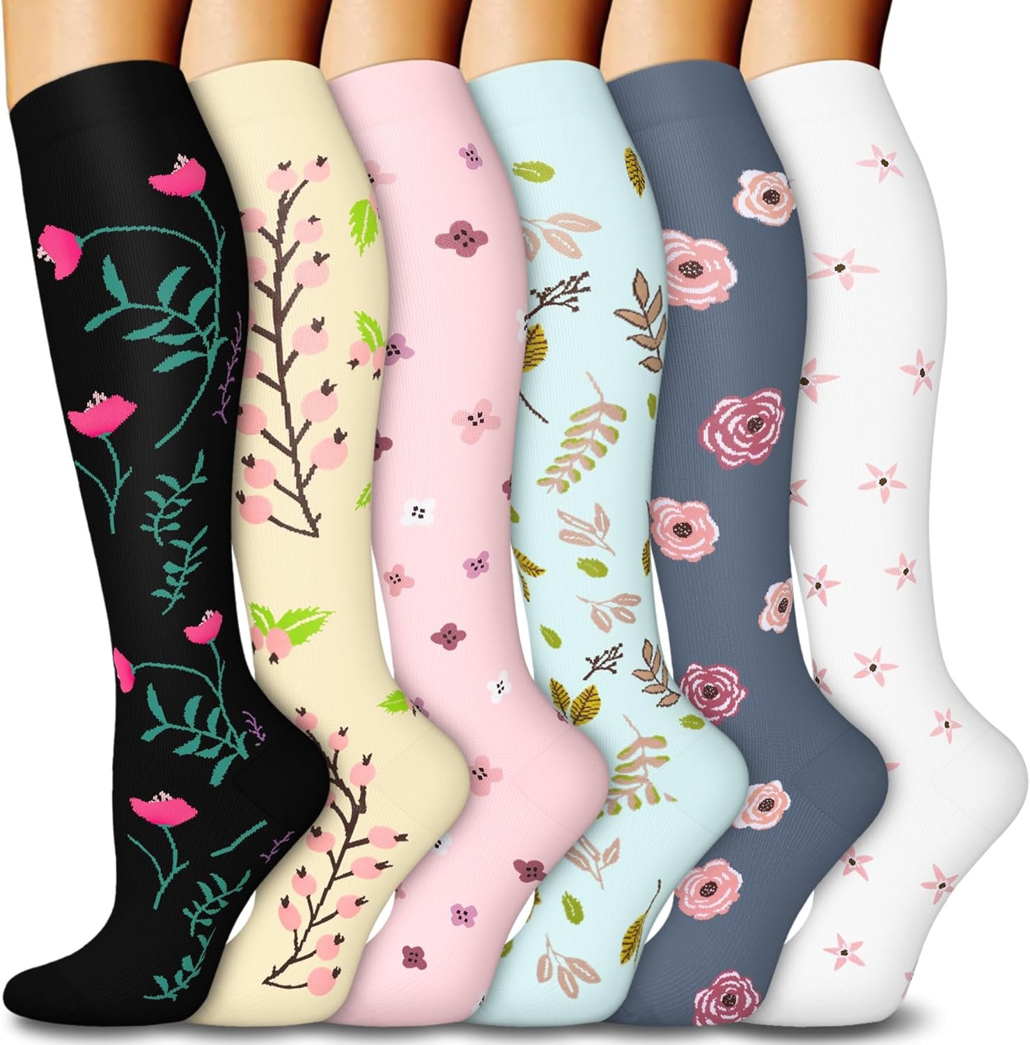 FuelMeFoot 6 Pairs Compression Socks for Women & Men 15-20mmHg Graduated Support Knee High Socks for Nurses, Travel, Athletic