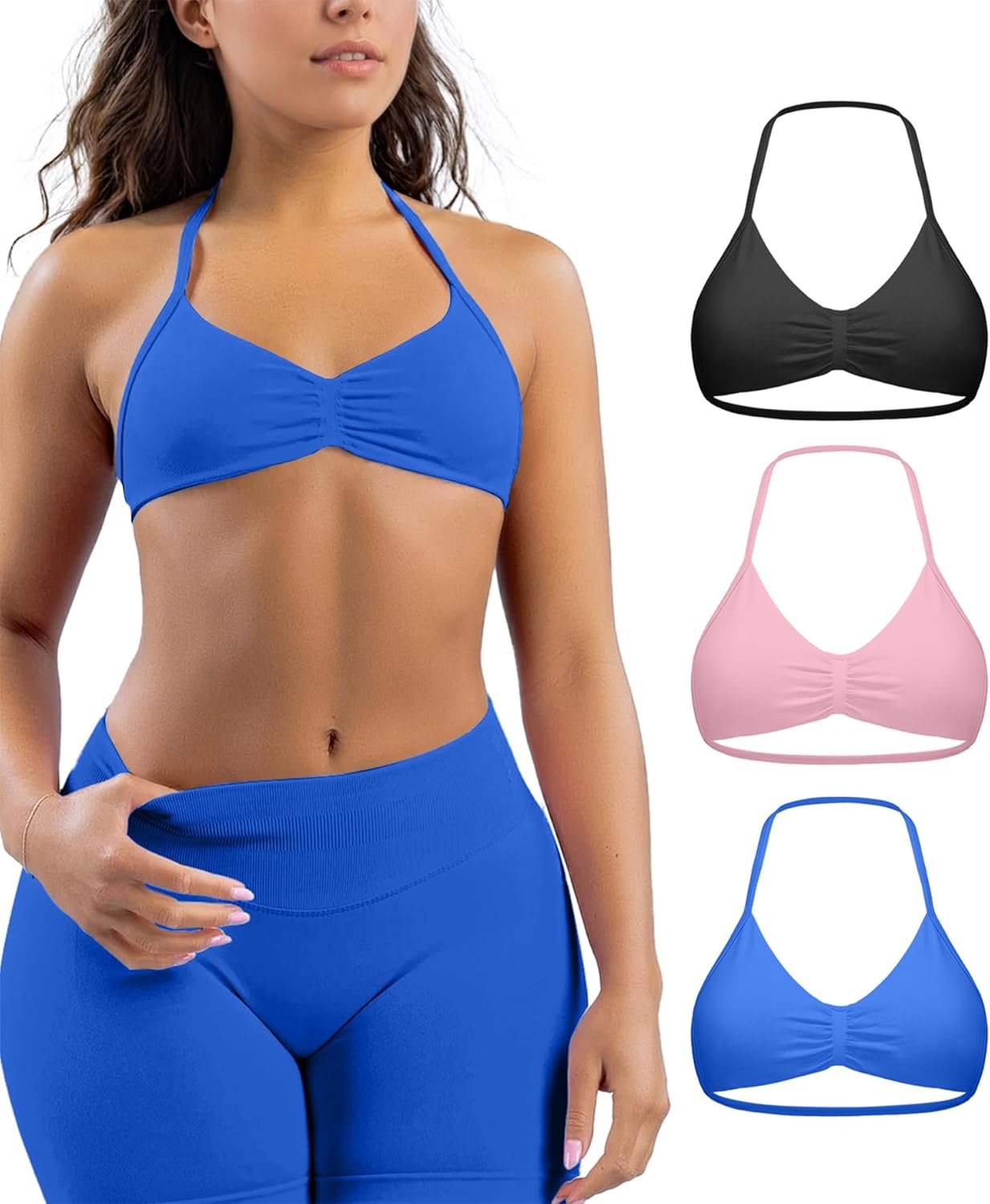 Comper Women’s 3 Pack Strappy Bras Halter Bra Seamless Open Back Sports Bras Casual Bralette Crop top with Removable Cups