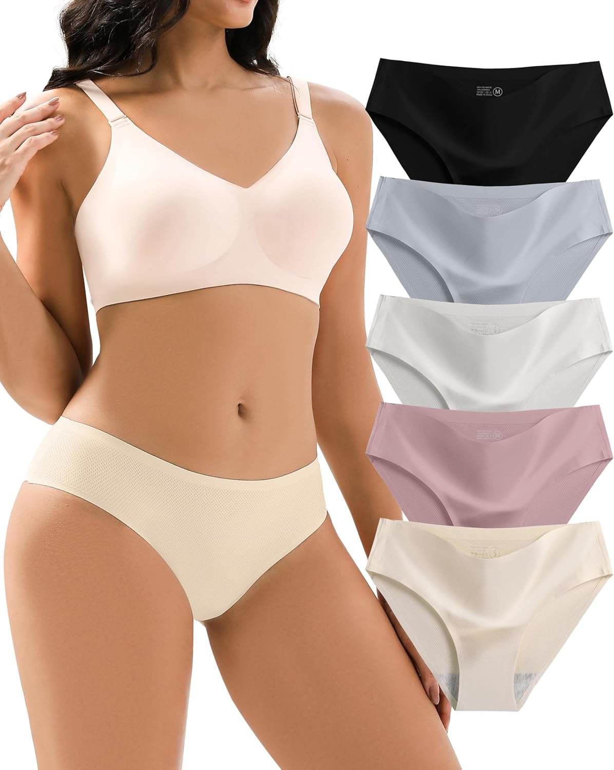 Jaywan Women’s Seamless Bikini Cheeky Panties 5 Pack No Show Underwear, Breathable Stretchy Fabric Multi-Color for Everyday