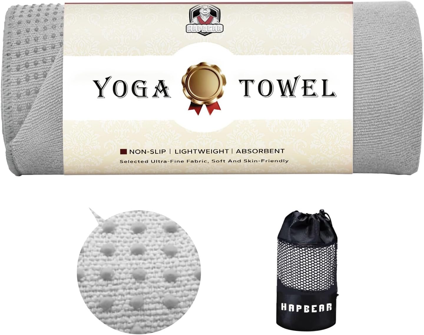 HAPBEAR Hot Yoga Towel with Non-Slip Grip Dots, Super-Absorbent Microfiber Yoga Mat Towel for Sweaty Bikram, Pilates and Studio Workouts – Grey