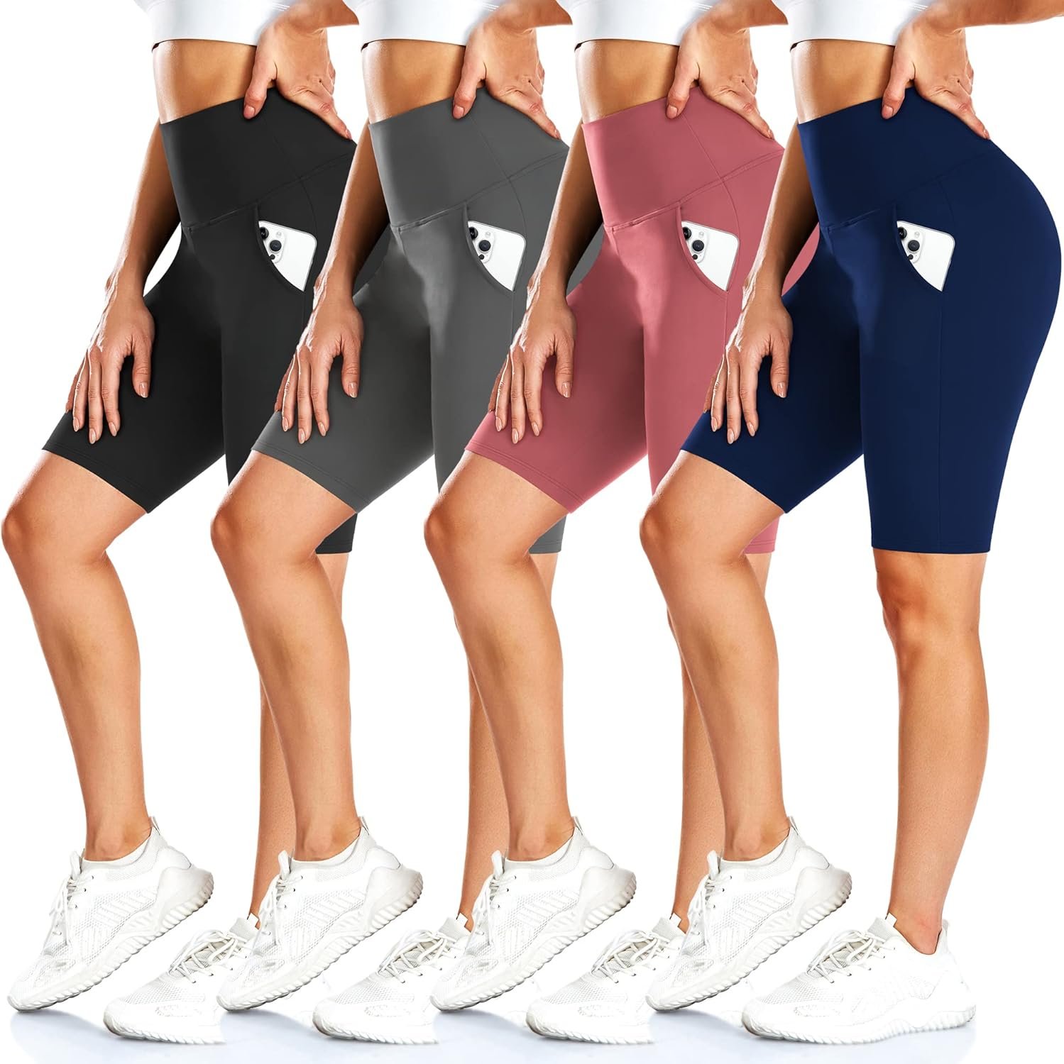 FULLSOFT 4 Pack Biker Shorts for Women with Pockets – 8″ High Waisted Tummy Control Workout Yoga Running Shorts
