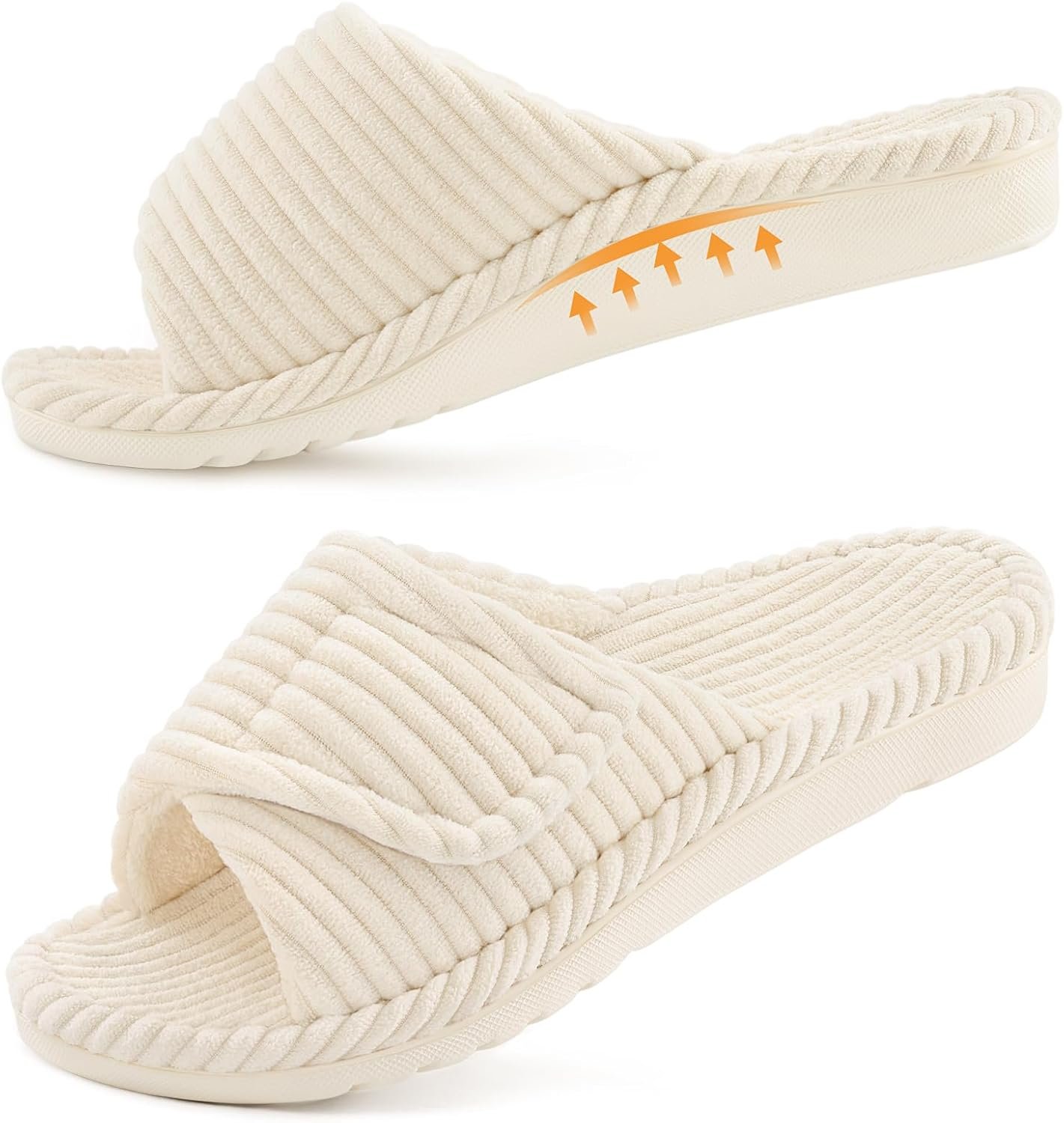 Litfun Orthopedic Slippers for Women Arch Support Indoor House Slippers Adjustable Open Toe Corduroy Bedroom Shoes with Memory Foam for Plantar Fasciitis