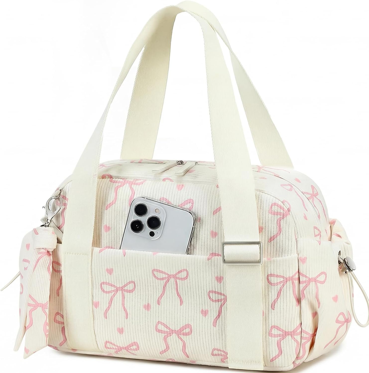 LOIDOU Mini Gym Bag for Women Girls, Small Sports Duffel Bag with Waterproof Wet Compartment & Adjustable Strap, Cute Workout Yoga Dance Tote Travel Bag Corduroy Fits Gym Shoes (Pink Bow-Beige)