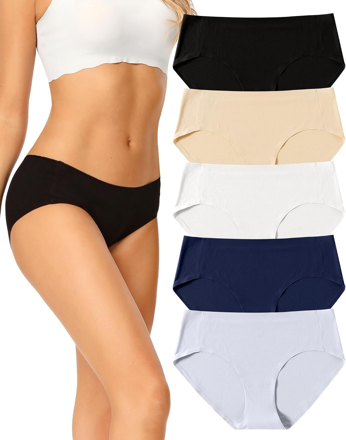voenxe Women Seamless Hipster Underwear,No Show Ladies Panties Bikini,Full Coverage Breathable Briefs,Comfy,Invisible,5-Pack