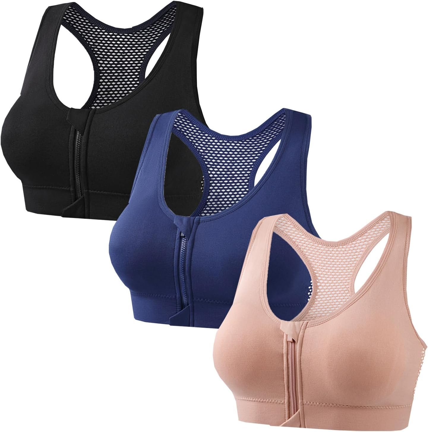 3 Pcs Women’s Sports Bras Front Zipper High Support Padded Sports Bras Racerback Seamless Athletic Bra for Large Bust